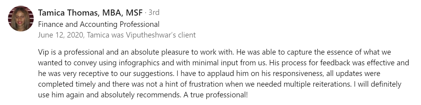 Review of Vip Sitaraman Pitch Deck Designer by Tamica T. (Jun 2020)