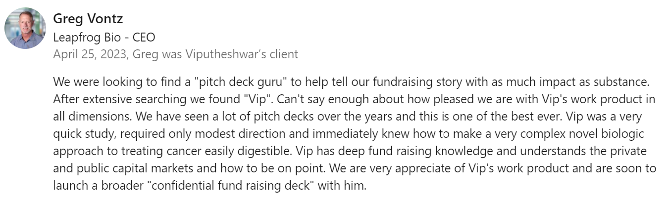 Verified Customer Review of Vip Sitaraman (2023) by Greg V. (Biotech CEO)