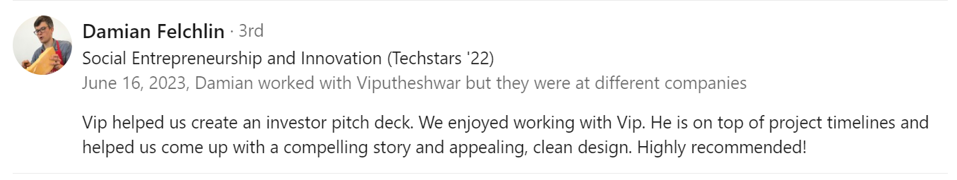 Vip Sitaraman - Verified Customer Review by Damian F. (Techstars '22)
