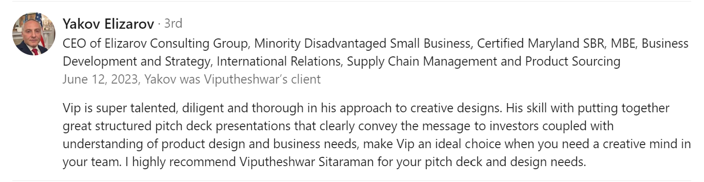 Vip Sitaraman - Verified Customer Review by Yakov Elizarov (Vocapsule AI)
