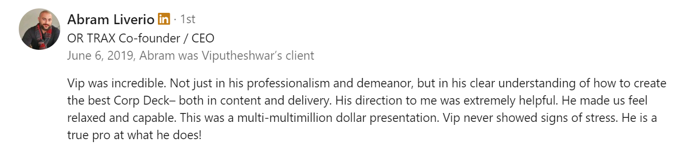 Verified Review of Vip Sitaraman by Abram L. (ORTrax)