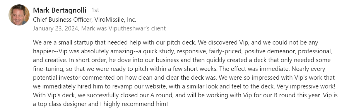 Verified Pitch Deck Client Review of Vip Sitaraman by Mark B. (Jan 2024)