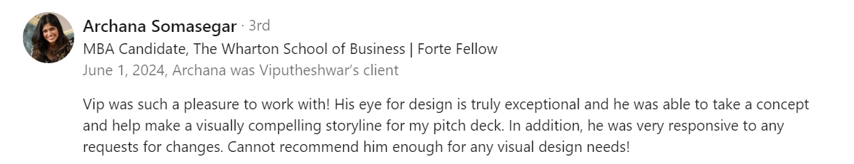 Verified Pitch Deck Client Review of Vip Sitaraman by Wharton alum Archana S. (May 2024)