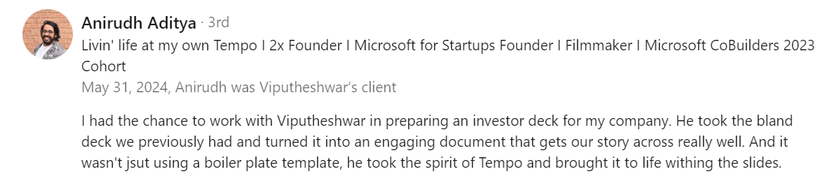 Verified Pitch Deck Client Review of Vip Sitaraman by Anirudh A. (May 2024)