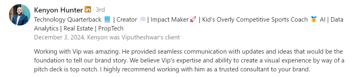 Verified Pitch Deck Client Review of Vip Sitaraman by Kenyon H. (Dec 2024)