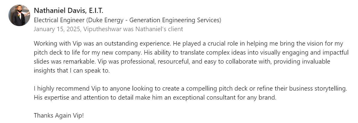 Verified Pitch Deck Client Review of Vip Sitaraman by Nathaniel D. (Jan 2025)